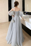 Gray Tulle Lace Long Prom Dresses, A-Line Evening Dresses HZ0429