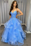 Blue Tulle Lace Long Prom Dresses, A-Line Evening Dresses HZ0429