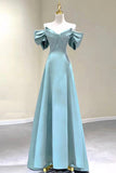 Blue Satin Long A-Line Prom Dress, Off the Shoulder Evening Dress HZ0429