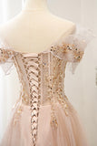 Pink Tulle Sequins Long Prom Dresses, A-Line Off the Shoulder Evening Dresses HZ0429