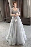 Gray Tulle Lace Long Prom Dresses, A-Line Evening Dresses HZ0429
