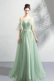 Green Lace Floor Length Prom Dresses, A-Line Off the Shoulder Evening Dresses HZ0429