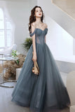 Gray Tulle Long A-Line Prom Dress, Off the Shoulder Formal Evening Dress HZ0429