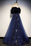Blue Velvet Tulle Long Prom Dresses, Blue Formal Evening Dresses HZ0429