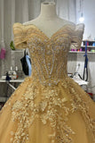 Luxury Gold Beaded Quinceanera Dress | Off-the-Shoulder Sweetheart Ball Gown HZ0429