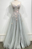 Gray Strapless Lace Long A Line Prom Gown, Graduation Dress HZ0429