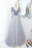 Cute V-Neck Tulle Beaded Long Prom Dress, Gray A-Line Evening Party Dress HZ0429