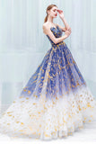 Blue Gradient Tulle Evening Dress, A-Line Strapless Long Prom Dress HZ0429