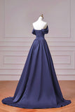 Navy Blue Satin Off Shoulder Evening Gown with Draped Bodice and Train HZ0429