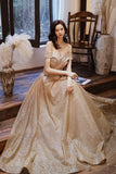 Gold Sequins Long Prom Dress, A-Line Off the Shoulder Evening Dress HZ0429