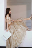 Gold Sequins Long Prom Dress, A-Line Off the Shoulder Evening Dress HZ0429