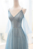 Blue Spaghetti Strap Tulle Long Prom Dress, V-Neck Evening Party Dress HZ0429
