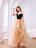 Black Velvet and Champagne Tiered Ruffles Long Prom Dress HZ0429