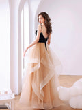Black Velvet and Champagne Tiered Ruffles Long Prom Dress HZ0429