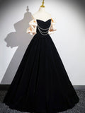 Black Velvet Floor Length Prom Dress, Off the Shoulder A-Line Evening Party Dress HZ0429