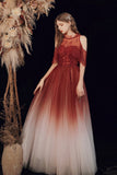 A-Line Ombre Tulle Long Party Dress, Lovely Lace-Up Evening Dress HZ0429