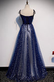 Blue Tulle Long A-Line Prom Dresses, Blue Evening Party Dresses HZ0429