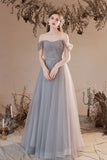 Gray Tulle Off the Shoulder Formal Dress, A-Line Evening Party Dress HZ0429