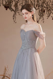 Gray Tulle Off the Shoulder Formal Dress, A-Line Evening Party Dress HZ0429