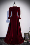 Burgundy Velvet Long Prom Dresses, A-Line Long Sleeve Evening Dresses HZ0429