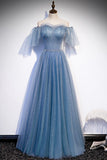 Blue Tulle Beading Long Prom Dresses, A-Line Evening Party Dresses HZ0429