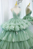Green V-Neck Layers Tulle Long Ball Gown, A-Line Formal Gown HZ0429