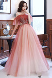 Burgundy Gradient Tulle A-Line Long Formal Dress, Off the Shoulder Prom Dress HZ0429