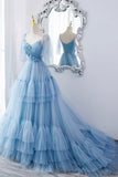 A-Line Tulle Long Prom Dresses, V-Neck Spaghetti Strap Long Princess Dresses HZ0429