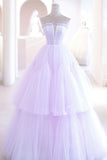 Purple Strapless Tulle Long Formal Gown, Purple A-Line Evening Dress HZ0429