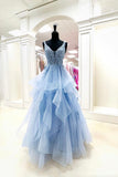 Blue V-Neck Lace Long Prom Dresses, A-Line Formal Evening Dresses HZ0429