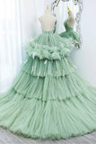 Green V-Neck Layers Tulle Long Ball Gown, A-Line Formal Gown HZ0429