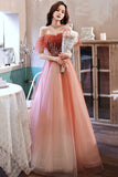 Burgundy Gradient Tulle A-Line Long Formal Dress, Off the Shoulder Prom Dress HZ0429