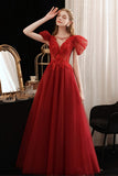 Burgundy Tulle Sequins Long Prom Dress, A-Line Evening Party Dress HZ0429