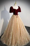 Cute Velvet Tulle Long Prom Dress, A-Line Evening Dress HZ0429