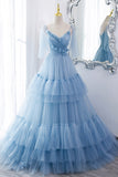 A-Line Tulle Long Prom Dresses, V-Neck Spaghetti Strap Long Princess Dresses HZ0429