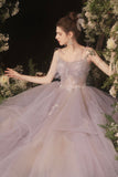 Purple Tulle Lace Long Prom Dresses, A-Line Evening Dress HZ0429