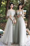 Gray Tulle Lace Long A-Line Prom Dresses, Gray Tulle Bridesmaid Dresses HZ0429