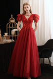Burgundy Tulle Sequins Long Prom Dress, A-Line Evening Party Dress HZ0429