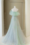 Green Tulle Floor Length Prom Dress, A-Line Off Shoulder Evening Dress HZ0429