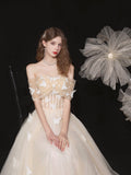 Champagne Lace Off the Shoulder Prom Dress, A-Line Evening Party Dress HZ0429