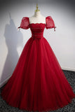 Red Beaded Tulle A-Line Long Formal Dress, Red Prom Dress HZ0429