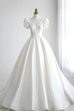 White V-Neck Satin Long Formal Dress, Wedding Formal Dress HZ0429