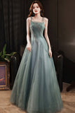 Green Tulle Beaded Long Prom Dress, Green A-Line Evening Dress HZ0429
