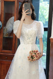 White Tulle Sequins Short Prom Dress, White A-Line Party Dress HZ0429