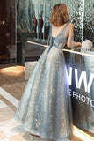 Gray Tulle Sequins Long Prom Dresses, A-Line Evening Party Dresses HZ0429