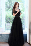 Black Tulle Long A-Line Prom Dress, Black Party Dress with Sequins HZ0429