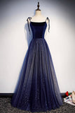 Blue Velvet Tulle Long Prom Dresses, Lovely A-Line Graduation Dresses HZ0429