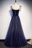 Blue Velvet Tulle Long Prom Dresses, Lovely A-Line Graduation Dresses HZ0429