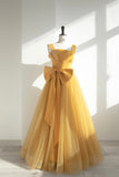 Yellow Satin Tulle Long Prom Dress, A-Line Evening Dress with Bow HZ0429