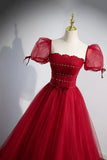 Red Beaded Tulle A-Line Long Formal Dress, Red Prom Dress HZ0429